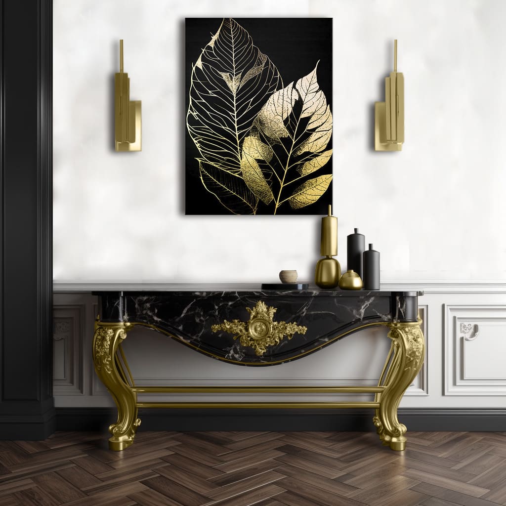 Cu imprimare aurită tablou pe pânză cu motivul Dancing Leaves of the Wind, frunze, natură în auriu-negru nuanțe, atmosferă sofisticată, potrivit pentru sufragerie – produs