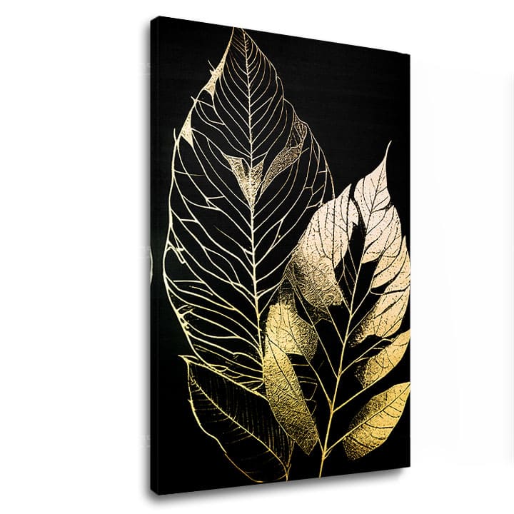 Cu imprimare aurită tablou pe pânză cu motivul Dancing Leaves of the Wind, frunze, natură în auriu-negru nuanțe, atmosferă sofisticată, potrivit pentru sufragerie – principală