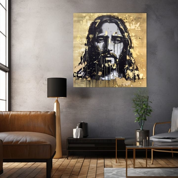Cu imprimare aurită tablou pe pânză cu motivul Heavenly Gaze, peisaj, motiv religios în auriu-negru nuanțe, atmosferă festivă, potrivit pentru sufragerie – produs