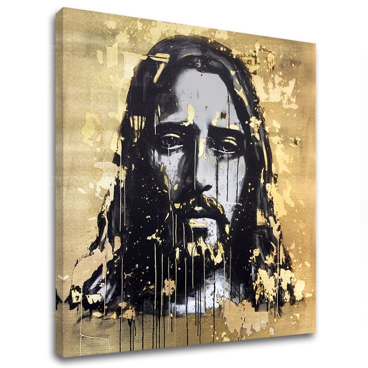 Cu imprimare aurită tablou pe pânză cu motivul Heavenly Gaze, peisaj, motiv religios în auriu-negru nuanțe, atmosferă festivă, potrivit pentru sufragerie – principală