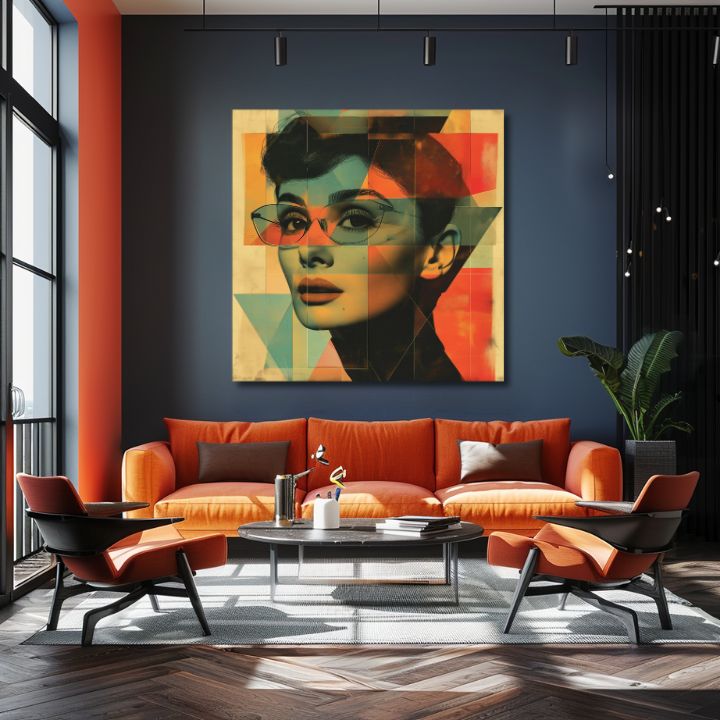 Modern tablou pe pânză cu motivul De neuitat frumusețe, ochelari în turcoaz-portocaliu nuanțe, iconografie | Audrey Hepburn tablou pe pânză - De neuitat frumusețe – produs