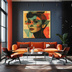 Modern tablou pe pânză cu motivul De neuitat frumusețe, ochelari în turcoaz-portocaliu nuanțe, iconografie | Audrey Hepburn tablou pe pânză - De neuitat frumusețe – produs