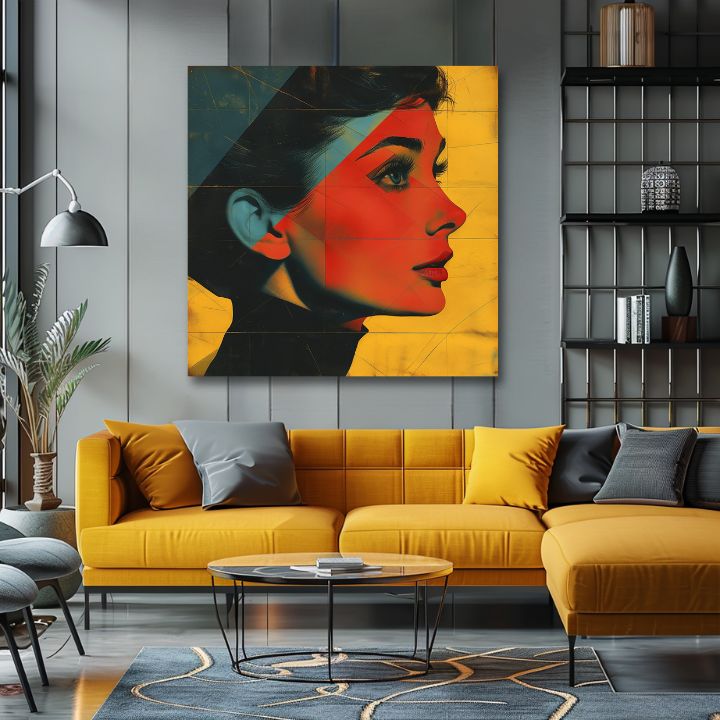 Modern tablou pe pânză cu motivul Elegantă ikona în galben-negru nuanțe, atmosferă stilată, frumusețe și nostalgie | Audrey Hepburn tablou pe pânză - Elegantă ikona – produs, vedere 2