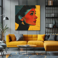 Modern tablou pe pânză cu motivul Elegantă ikona în galben-negru nuanțe, atmosferă stilată, frumusețe și nostalgie | Audrey Hepburn tablou pe pânză - Elegantă ikona – produs, vedere 2