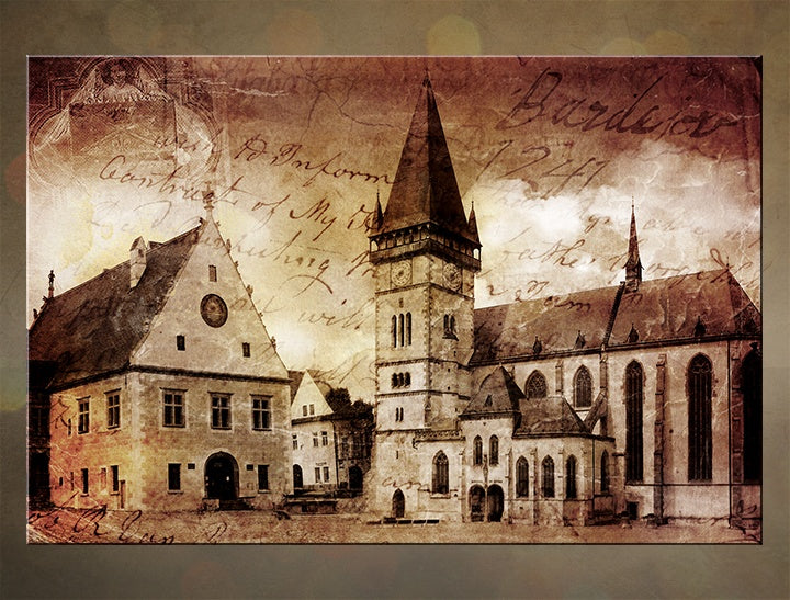 Clasic tablou cu motivul arhitectură, motiv urban, motiv religios în maro nuanțe | Bardejov – previzualizare