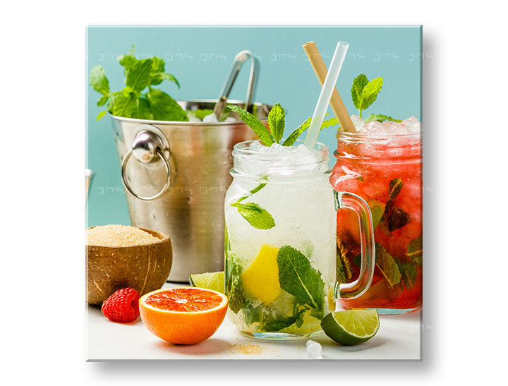 În stil boho tablou pe pânză cu motivul LETNÝ DRINK, peisaj în albastru-verde nuanțe, potrivit pentru bucătărie | Tablou de perete LETNÝ DRINK_069-12 – principală