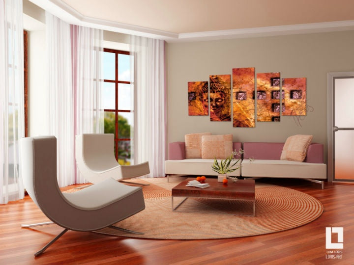 Geometric tablou cu motivul Buddha, mandala, modele geometrice în maro-portocaliu nuanțe | BUDDHA, pace interioară și filozofie orientală – previzualizare