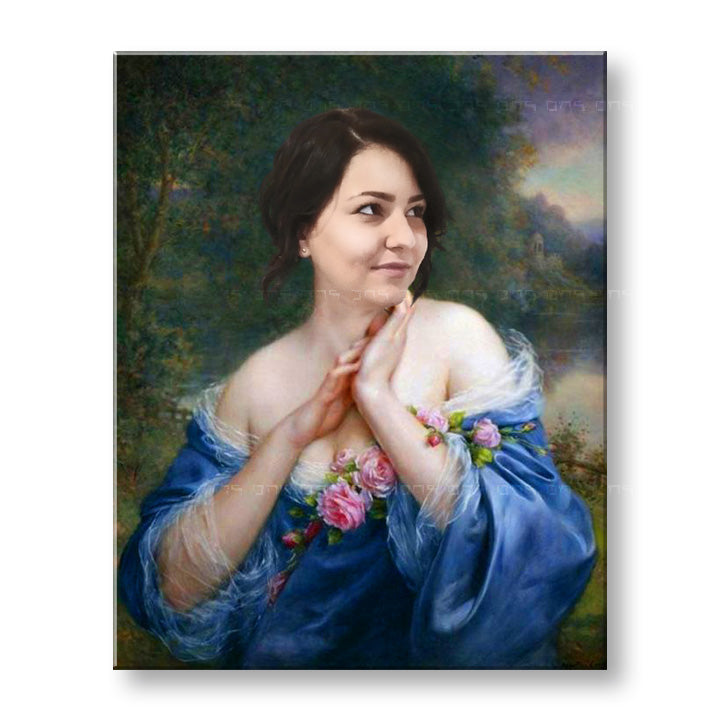 Vintage tablou pe pânză cu motivul femeie, trandafiri, rochie, oameni în bej-albastru nuanțe, atmosferă liniștită, natură și romantism, potrivit pentru birou de lucru – produs