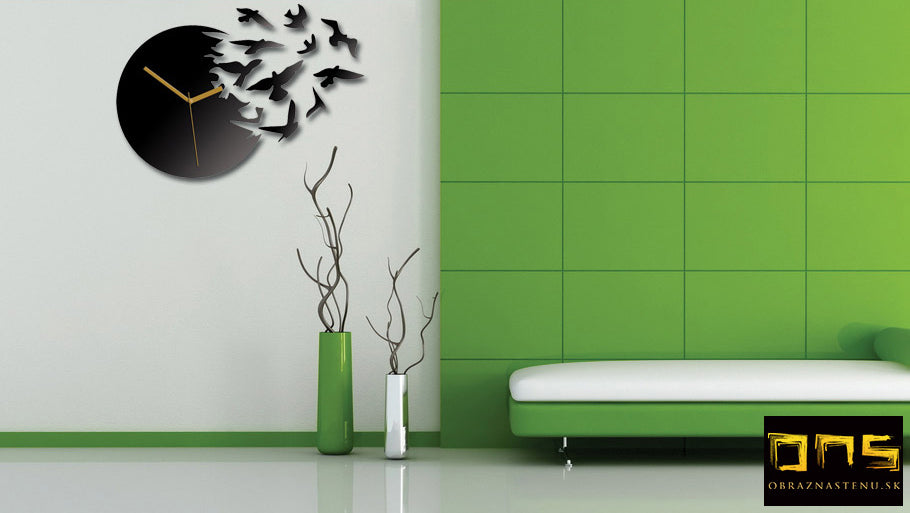 În stil scandinav tablou pe pânză cu motivul RAJSK�� VTÁKY, păsări, ceas, natură, animal în auriu-negru nuanțe agățat în interiorul birou – interior