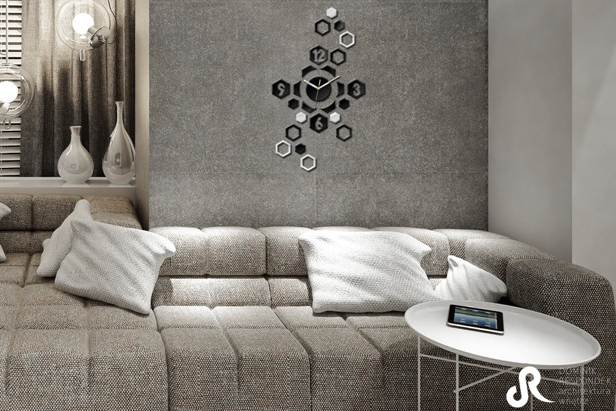 Modern tablou cu motivul HEXAGON, motiv pentru copii în alb-argintiu nuanțe | Ceas de perete modern HEXAGON, timp și minimalism – previzualizare