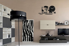 Modern tablou cu motivul SAFARI în alb-negru nuanțe | Ceas de perete modern SAFARI, natură și minimalism – previzualizare
