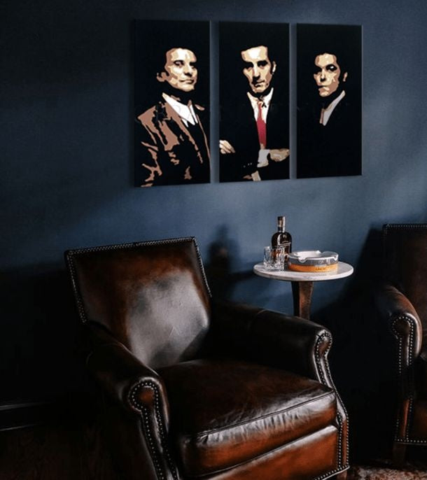Modern tablou pe pânză cu motivul Goodfellas - Najlepšie mafiánske roly în negru-bej nuanțe, glorie | Cel mai mare mafiáni na pânză Goodfellas - Najlepšie mafiánske roly – principală