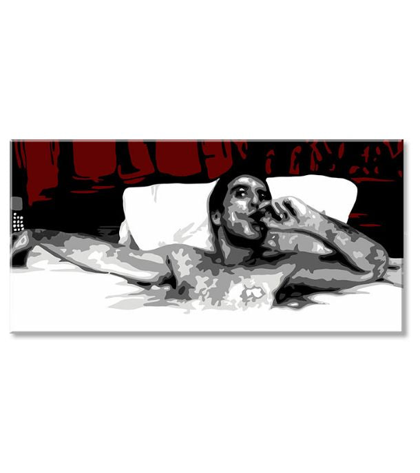 Pop art tablou pe pânză cu motivul Tony Montana s cigarou v bazéne în alb-roșu nuanțe, singurătate | Cel mai mare mafiáni na pânză Scarface - Tony Montana s cigarou v bazéne – produs, vedere 3