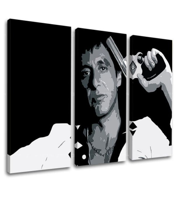 Pop art tablou pe pânză cu motivul Tony Montana so zbraňou v ruke în alb-gri nuanțe, atmosferă intensă, lumea filmului și forță și putere | Cel mai mare mafiáni na pânză Scarface - Tony Mon..., vedere 3