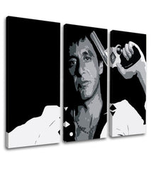 Pop art tablou pe pânză cu motivul Tony Montana so zbraňou v ruke în alb-gri nuanțe, atmosferă intensă, lumea filmului și forță și putere | Cel mai mare mafiáni na pânză Scarface - Tony Mon..., vedere 3