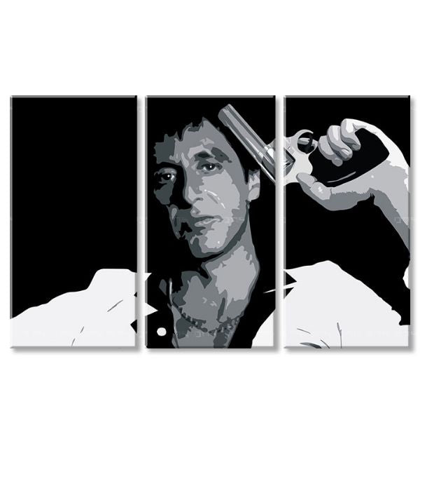 Pop art tablou pe pânză cu motivul Tony Montana so zbraňou v ruke în alb-gri nuanțe, atmosferă intensă, lumea filmului și forță și putere | Cel mai mare mafiáni na pânză Scarface - Tony Mon..., vedere 4