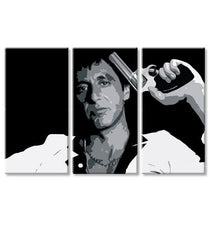 Pop art tablou pe pânză cu motivul Tony Montana so zbraňou v ruke în alb-gri nuanțe, atmosferă intensă, lumea filmului și forță și putere | Cel mai mare mafiáni na pânză Scarface - Tony Mon..., vedere 4