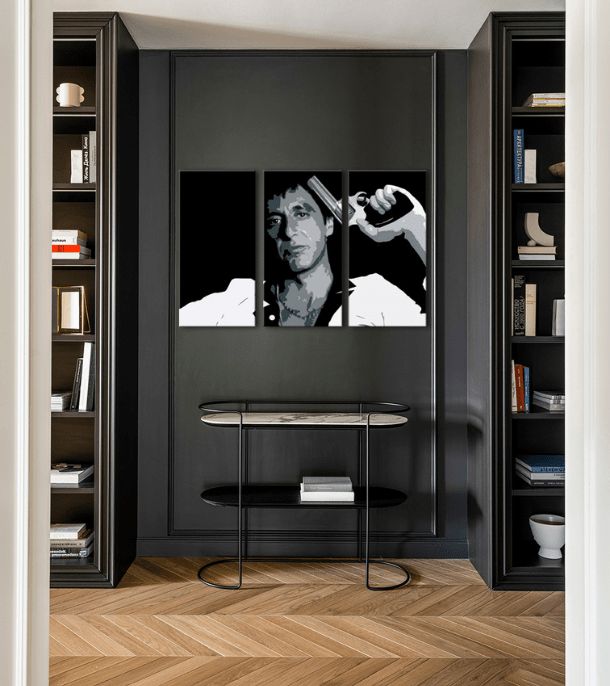 Pop art tablou pe pânză cu motivul Tony Montana so zbraňou v ruke în alb-gri nuanțe, atmosferă intensă, lumea filmului și forță și putere | Cel mai mare mafiáni na pânză Scarface - Tony Mon..., vedere 2