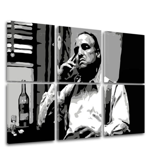 Pop art tablou pe pânză cu motivul The Godfather - Vito Corleone s sticlă škótskej, țigară de foi, sticlă în alb-negru nuanțe, atmosferă melancolică – produs, vedere 2