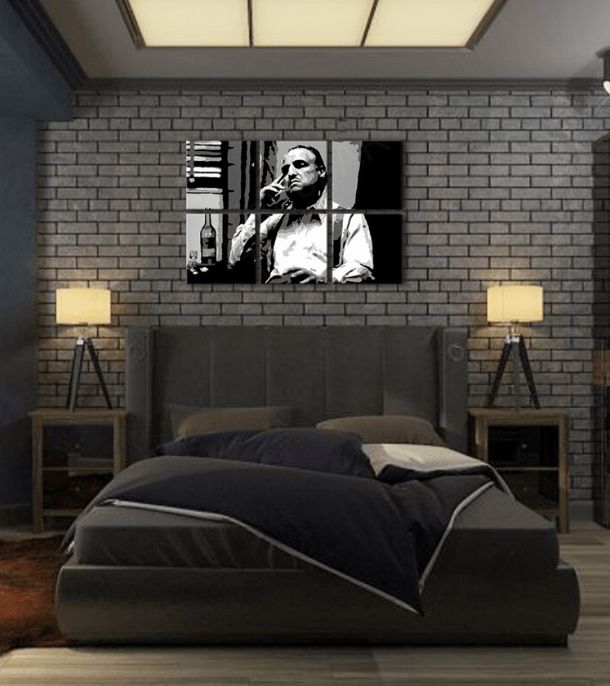 Pop art tablou pe pânză cu motivul The Godfather - Vito Corleone s sticlă škótskej, țigară de foi, sticlă în alb-negru nuanțe, atmosferă melancolică – produs