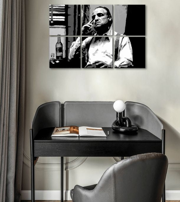 Pop art tablou pe pânză cu motivul The Godfather - Vito Corleone s sticlă škótskej, țigară de foi, sticlă în alb-negru nuanțe, atmosferă melancolică – principală