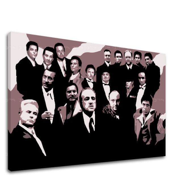 Pop art tablou pe pânză cu motivul The Mafia family, automobil în maro-roșu nuanțe, atmosferă dramatică, familie și forță și putere, potrivit pentru birou – produs, vedere 2