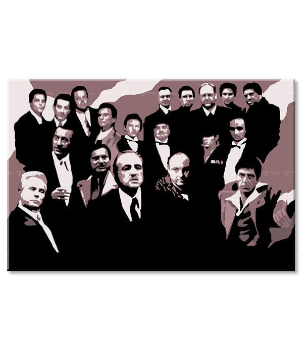 Pop art tablou pe pânză cu motivul The Mafia family, automobil în maro-roșu nuanțe, atmosferă dramatică, familie și forță și putere, potrivit pentru birou – produs, vedere 3