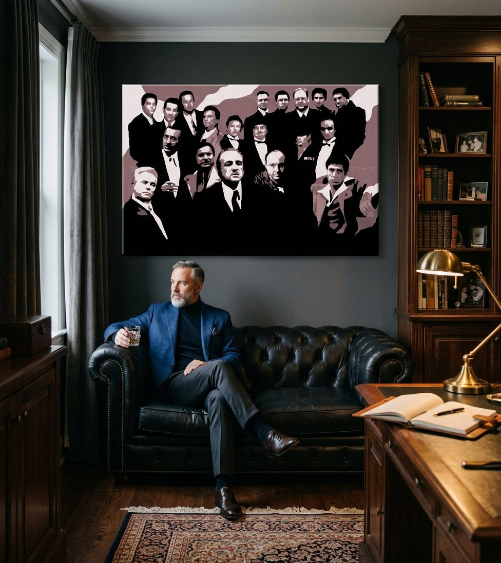 Pop art tablou pe pânză cu motivul The Mafia family, automobil în maro-roșu nuanțe agățat în interiorul birou, atmosferă dramatică – interior