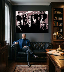 Pop art tablou pe pânză cu motivul The Mafia family, automobil în maro-roșu nuanțe agățat în interiorul birou, atmosferă dramatică – interior