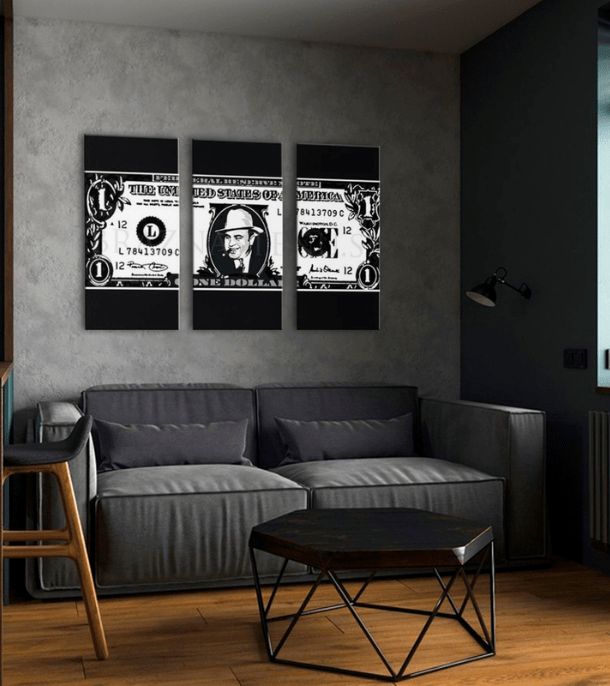 Pop art tablou pe pânză cu motivul Al Capone na dolári în alb-negru nuanțe, atmosferă îndrăzneață, potrivit pentru birou | Cel mai mare mafiáni na pânză Scarface- Al Capone na dolári – produs