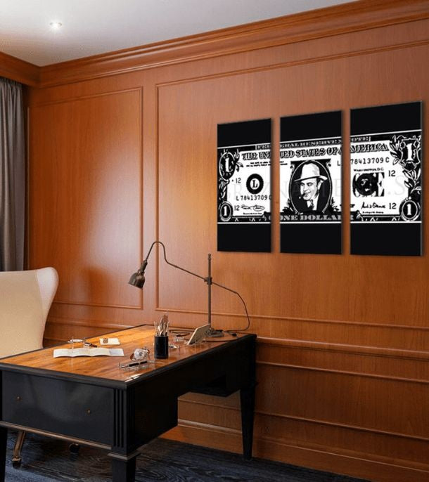 Pop art tablou pe pânză cu motivul Al Capone na dolári în alb-negru nuanțe, atmosferă îndrăzneață, potrivit pentru birou | Cel mai mare mafiáni na pânză Scarface- Al Capone na dolári – principală