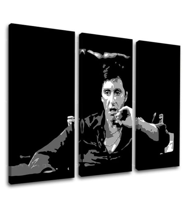 Pop art tablou pe pânză cu motivul Tony Montana gândește nad svojim plánom, țigară de foi în alb-negru nuanțe, atmosferă îndrăzneață, lumea filmului și nostalgie – produs
