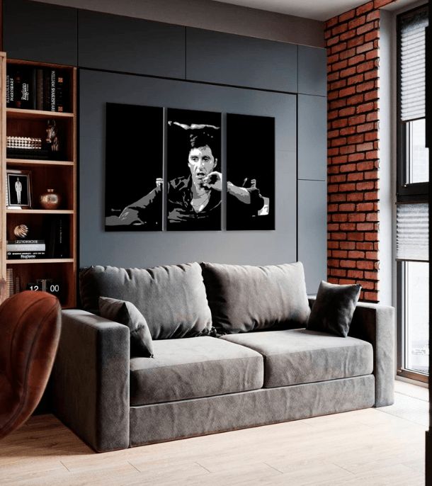 Pop art tablou pe pânză cu motivul Tony Montana gândește nad svojim plánom, țigară de foi în alb-negru nuanțe, atmosferă îndrăzneață, lumea filmului și nostalgie – produs, vedere 3
