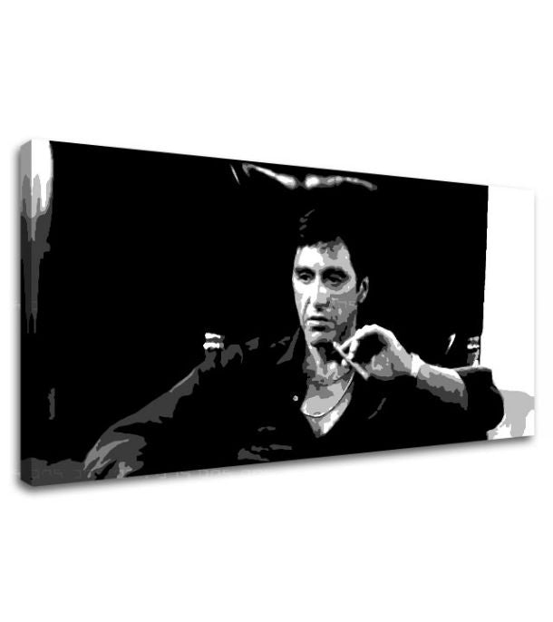 Pop art tablou pe pânză cu motivul Nahnevaný Tony Montana s cigarou v ruke, automobil, natură în alb-negru nuanțe, atmosferă intensă – produs