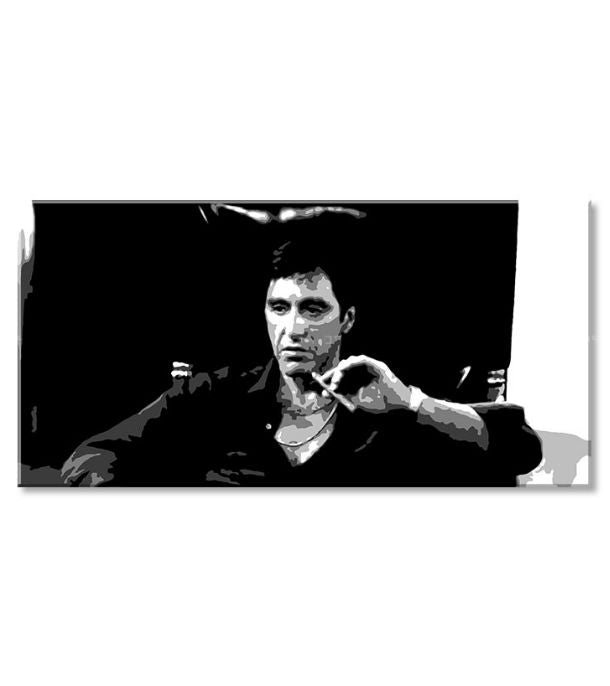 Pop art tablou pe pânză cu motivul Nahnevaný Tony Montana s cigarou v ruke, automobil, natură în alb-negru nuanțe, atmosferă intensă – produs, vedere 2