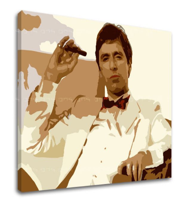 Pop art tablou pe pânză cu motivul Tony Montana fajčiaci cigaru, natură în maro nuanțe, forță și putere și dramă polițistă, potrivit pentru birou – produs, vedere 2