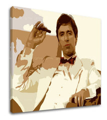 Pop art tablou pe pânză cu motivul Tony Montana fajčiaci cigaru, natură în maro nuanțe, forță și putere și dramă polițistă, potrivit pentru birou – produs, vedere 2
