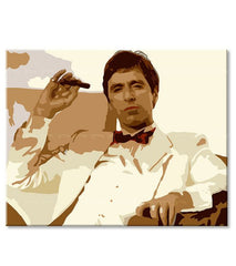 Pop art tablou pe pânză cu motivul Tony Montana fajčiaci cigaru, natură în maro nuanțe, forță și putere și dramă polițistă, potrivit pentru birou – produs, vedere 3