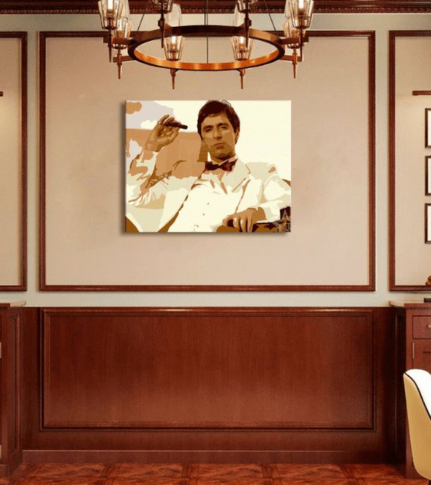 Pop art tablou pe pânză cu motivul Tony Montana fajčiaci cigaru, natură în maro nuanțe, forță și putere și dramă polițistă, potrivit pentru birou – produs