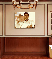 Pop art tablou pe pânză cu motivul Tony Montana fajčiaci cigaru, natură în maro nuanțe, forță și putere și dramă polițistă, potrivit pentru birou – produs