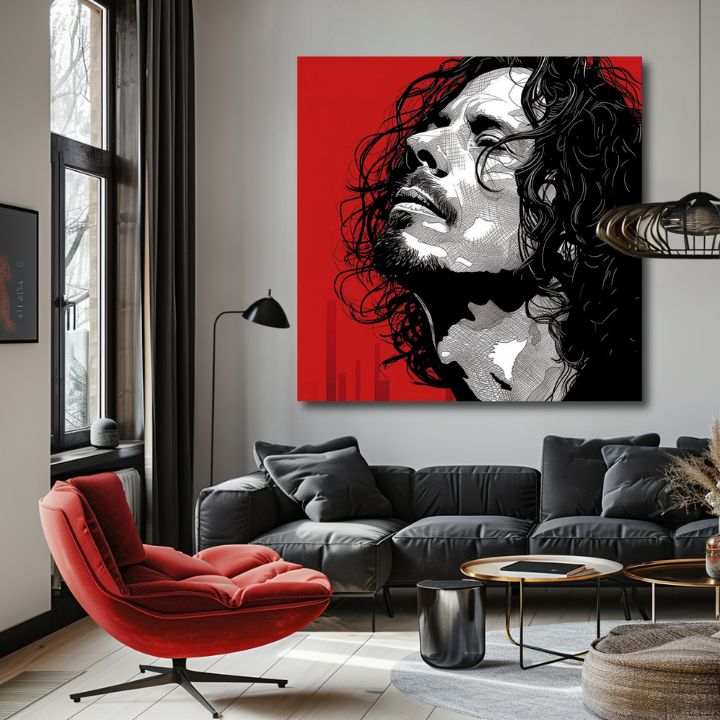 Modern tablou pe pânză cu motivul bărbat, față în roșu-negru nuanțe, atmosferă dramatică | Chris Cornell tablou pe pânză - Rocková pasiune – produs, vedere 2