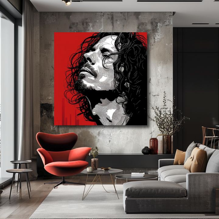 Modern tablou pe pânză cu motivul bărbat, față în roșu-negru nuanțe, atmosferă dramatică | Chris Cornell tablou pe pânză - Rocková pasiune – produs