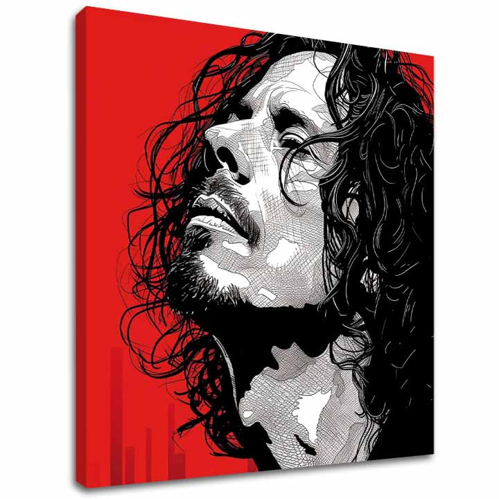 Modern tablou pe pânză cu motivul bărbat, față în roșu-negru nuanțe, atmosferă dramatică | Chris Cornell tablou pe pânză - Rocková pasiune – principală