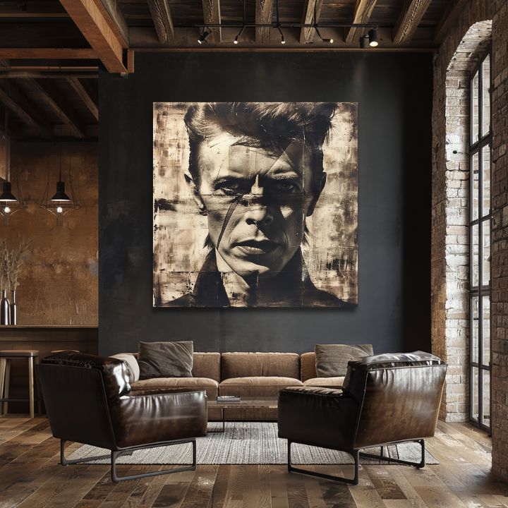 Modern tablou pe pânză în maro-alb nuanțe, istorie muzicală și iconografie | David Bowie tablou pe pânză - Nelútostný vedere – produs