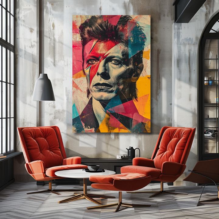 Modern tablou pe pânză cu motivul față în roșu-turcoaz nuanțe, atmosferă energică, rock and roll și glorie | David Bowie tablou pe pânză - Rebel s dušou umelca – produs