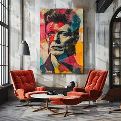 Modern tablou pe pânză cu motivul față în roșu-turcoaz nuanțe, atmosferă energică, rock and roll și glorie | David Bowie tablou pe pânză - Rebel s dušou umelca – produs