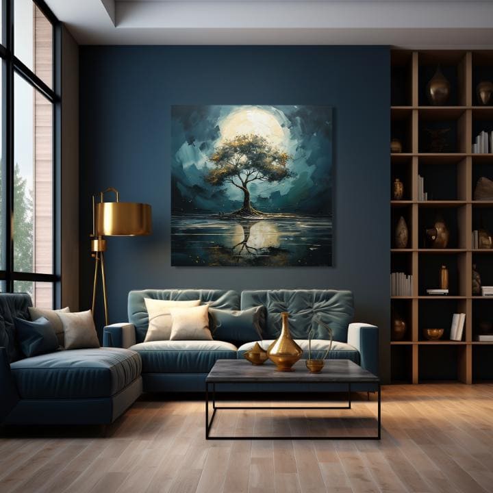 Art deco tablou pe pânză cu motivul copac, lună, natură în alb-albastru nuanțe, atmosferă liniștită, singurătate și natură, potrivit pentru sufragerie – produs