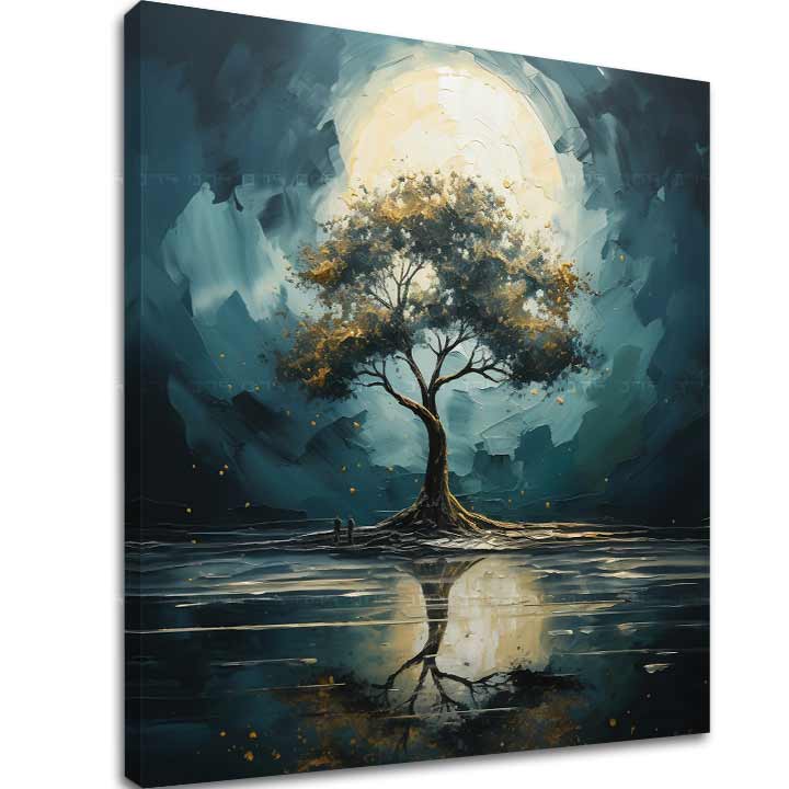 Art deco tablou pe pânză cu motivul copac, lună, natură în alb-albastru nuanțe, atmosferă liniștită, singurătate și natură, potrivit pentru sufragerie – principală