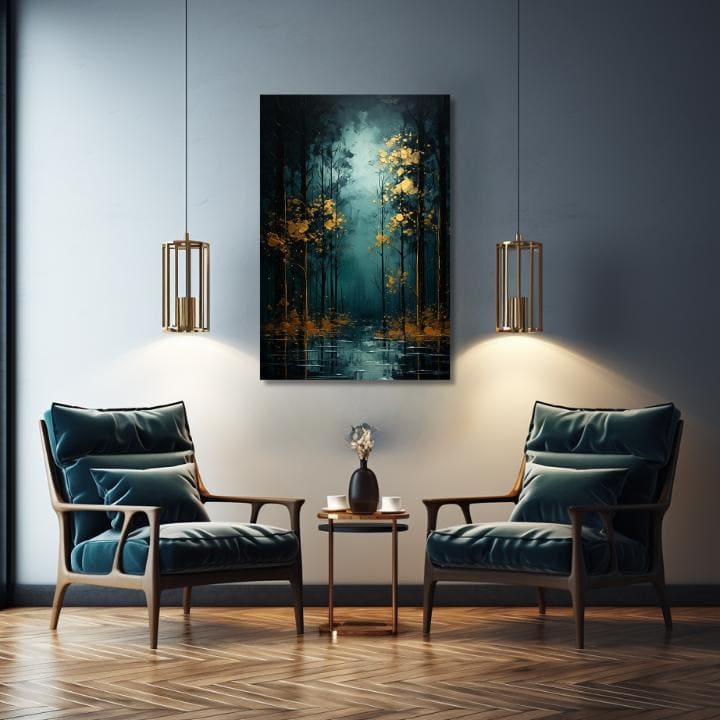 Art deco tablou pe pânză cu motivul copaci, pădure, peisaj, natură în albastru-verde nuanțe, natură și mister, potrivit pentru sufragerie | Modern de perete decor Zlatá listová fantázia - PREM..., vedere 4