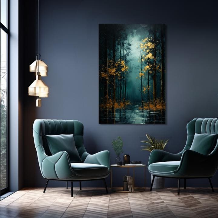 Art deco tablou pe pânză cu motivul copaci, pădure, peisaj, natură în albastru-verde nuanțe, natură și mister, potrivit pentru sufragerie | Modern de perete decor Zlatá listová fantázia - PREM..., vedere 2